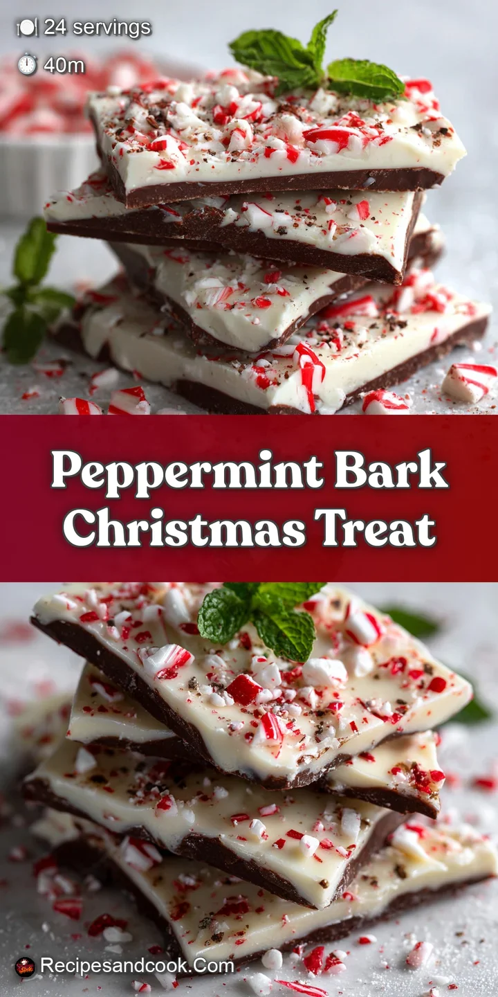 Close-up: peppermint bark. Swirls of white and dark chocolate studded with vibrant red candy cane pieces, cool and refresh...