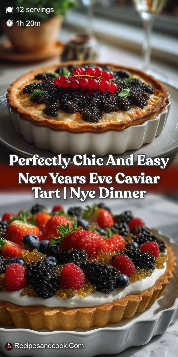 Close-up of a luxurious tart. Glistening black caviar sits atop a bed of creamy filling, enticing texture and inviting aro...