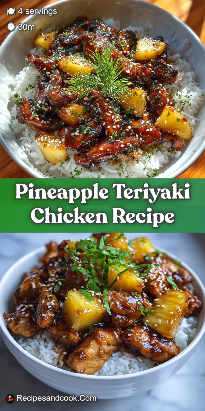 Close-up of caramelized pineapple teriyaki chicken, showcasing crispy edges and a sticky, savory glaze on the golden-brown...
