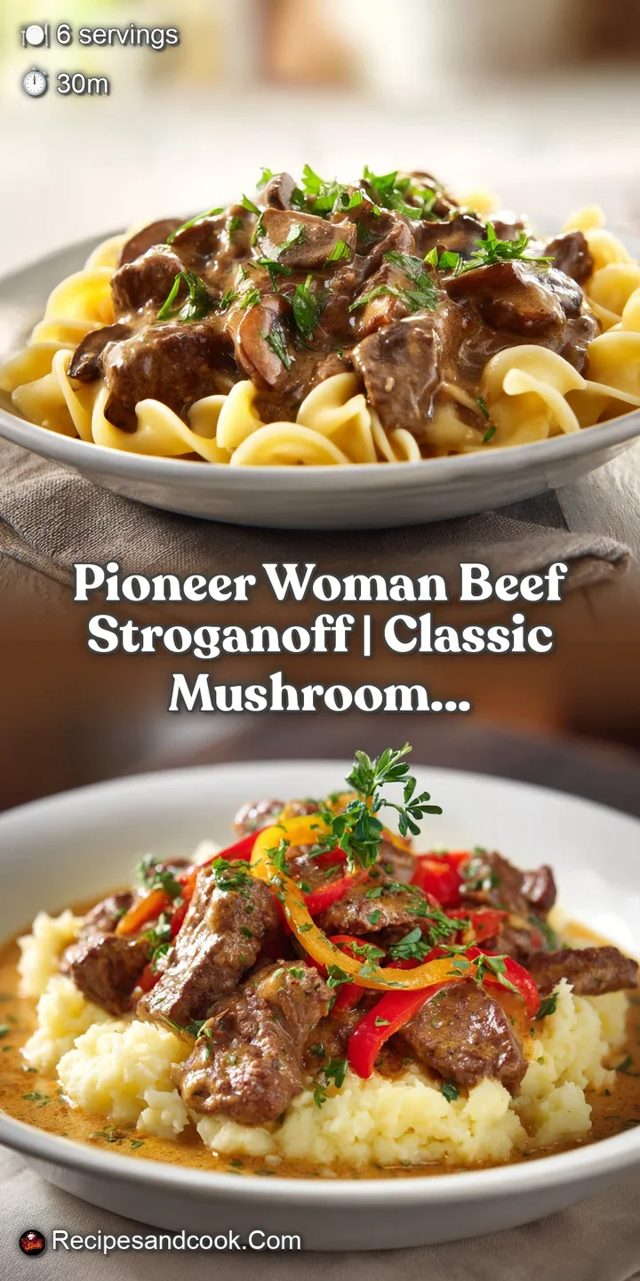 Close-up of fork-tender beef slices coated in a luscious, pale brown creamy sauce with visible mushroom pieces.