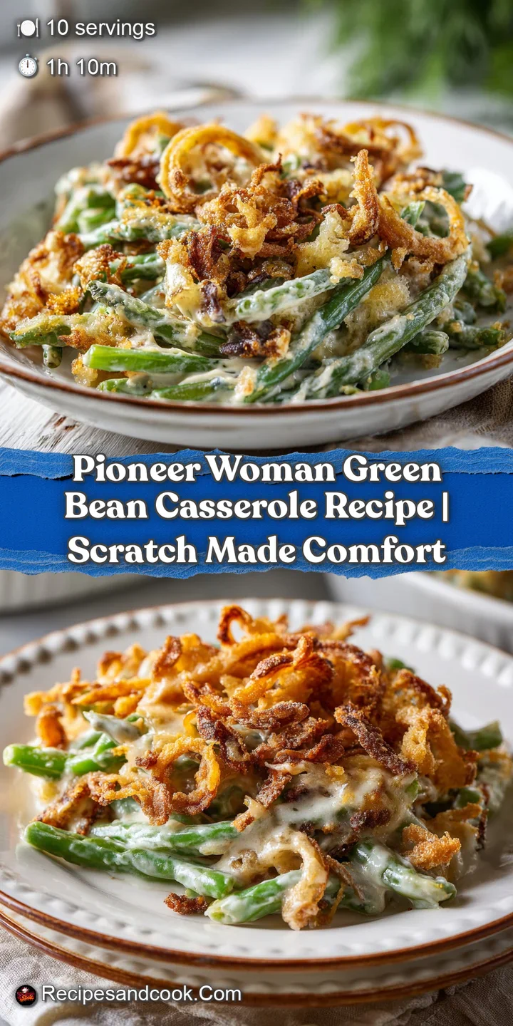 Close-up of tender green beans coated in a luscious cream sauce, crowned with golden, crispy fried onions.