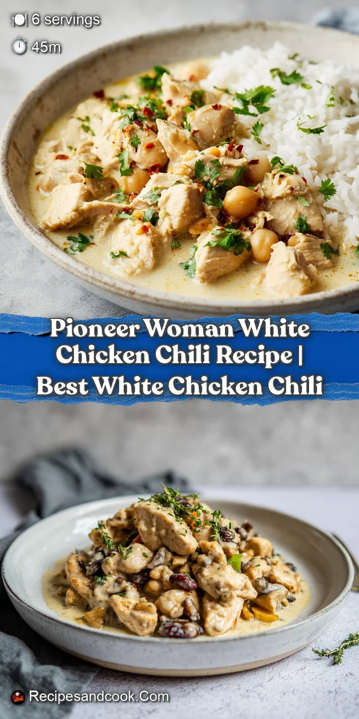 Creamy white chicken chili, with tender shredded chicken and white beans, garnished with fresh green herbs.