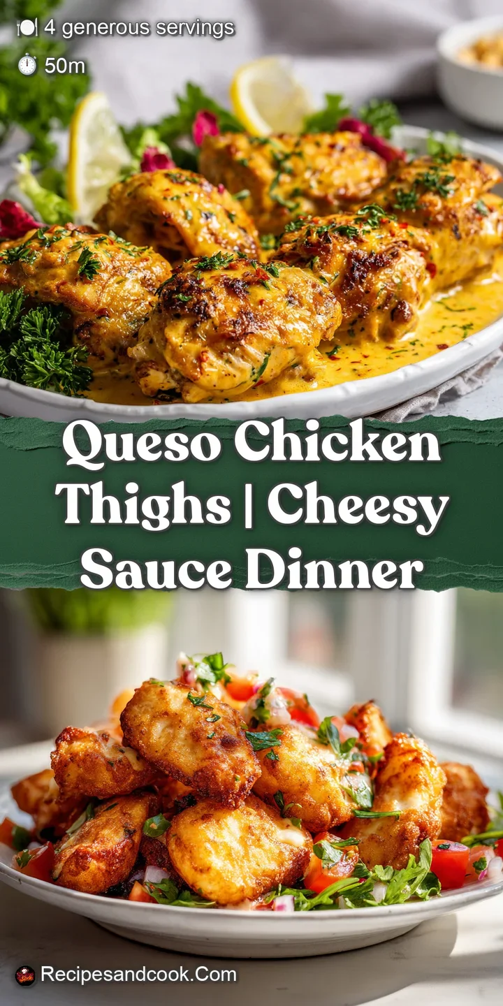 Close-up of a fork-tender chicken thigh covered in smooth, velvety melted cheese, with hints of red pepper and green chives.