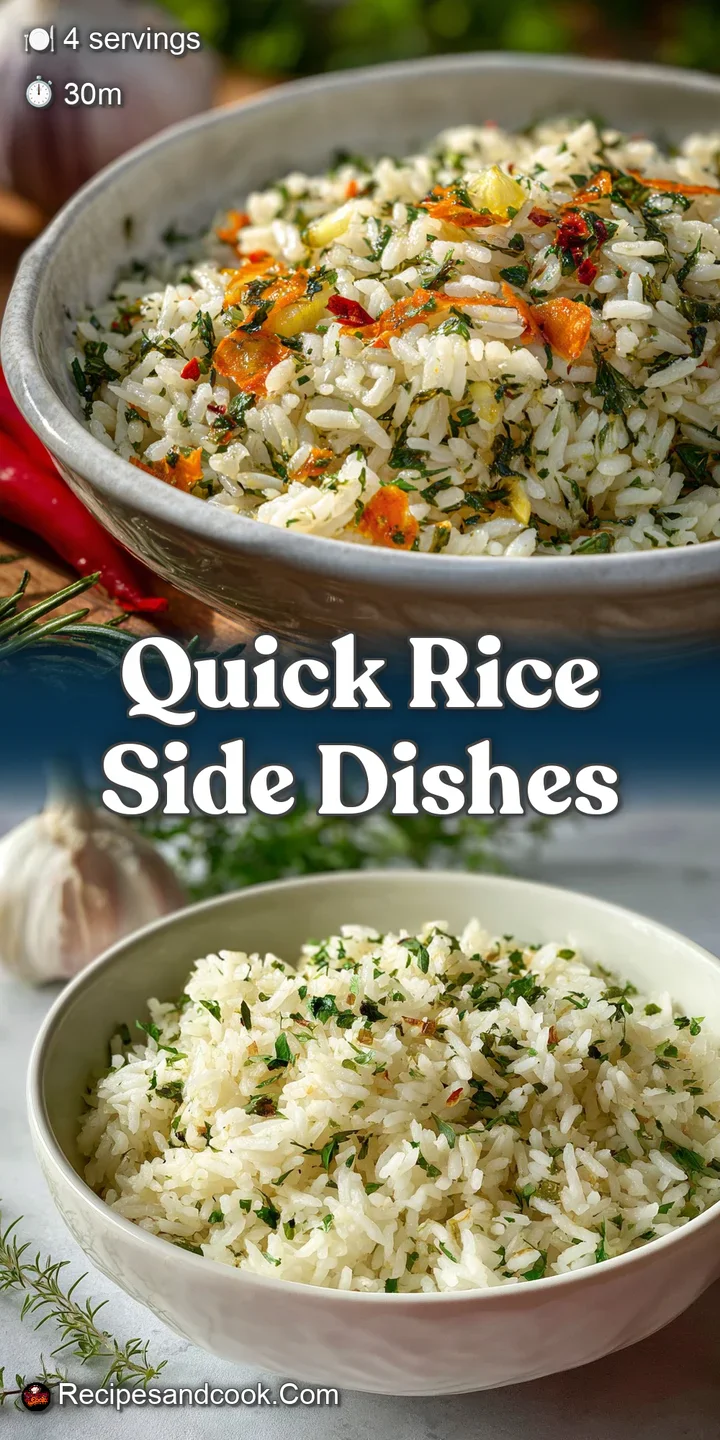 Close-up view of fragrant rice, showcasing the glistening grains, toasted garlic, and verdant herbs mingled throughout.