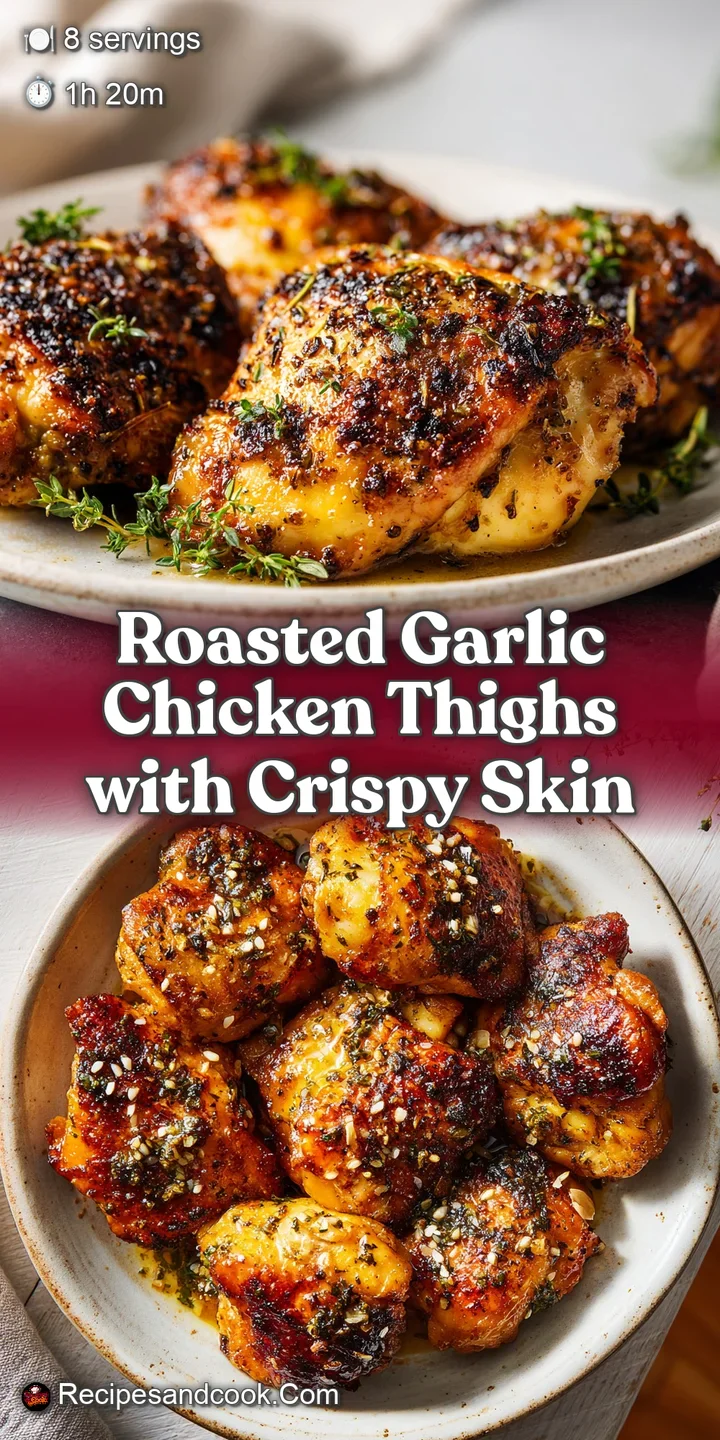 Close-up of a tender, roasted chicken thigh with crispy skin, glistening with caramelized garlic cloves and herb flecks.