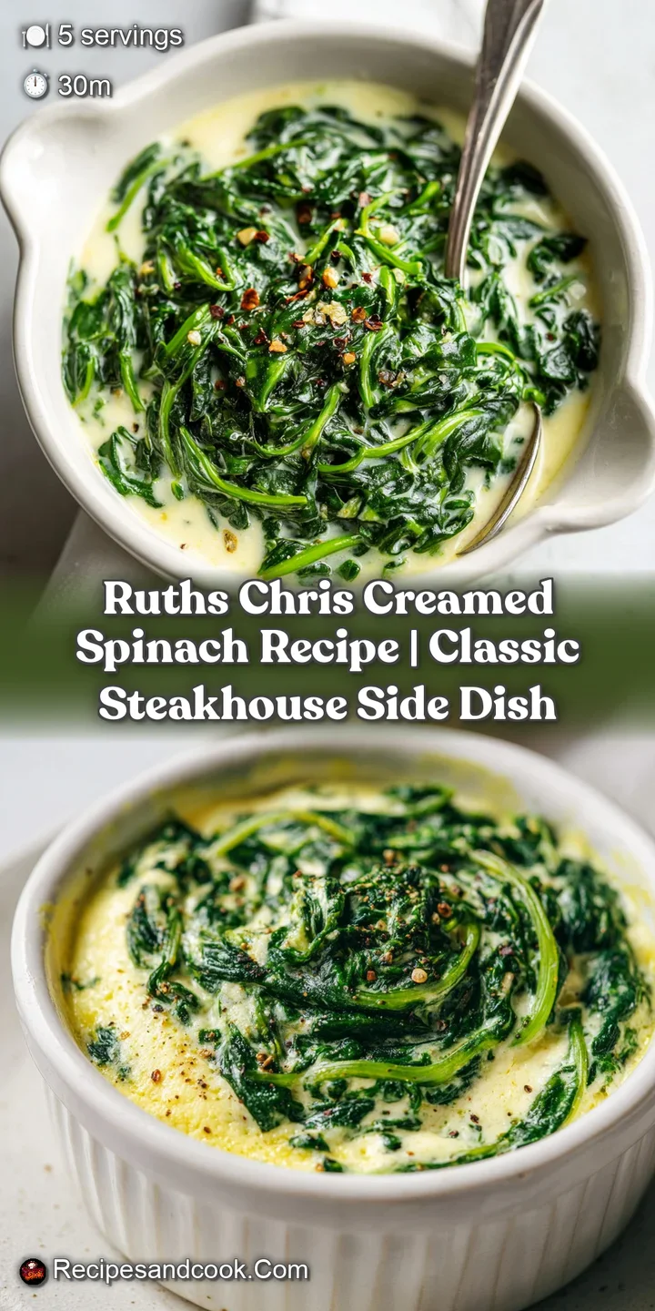 Close-up of luscious creamed spinach, showing tender leaves and smooth, decadent sauce.