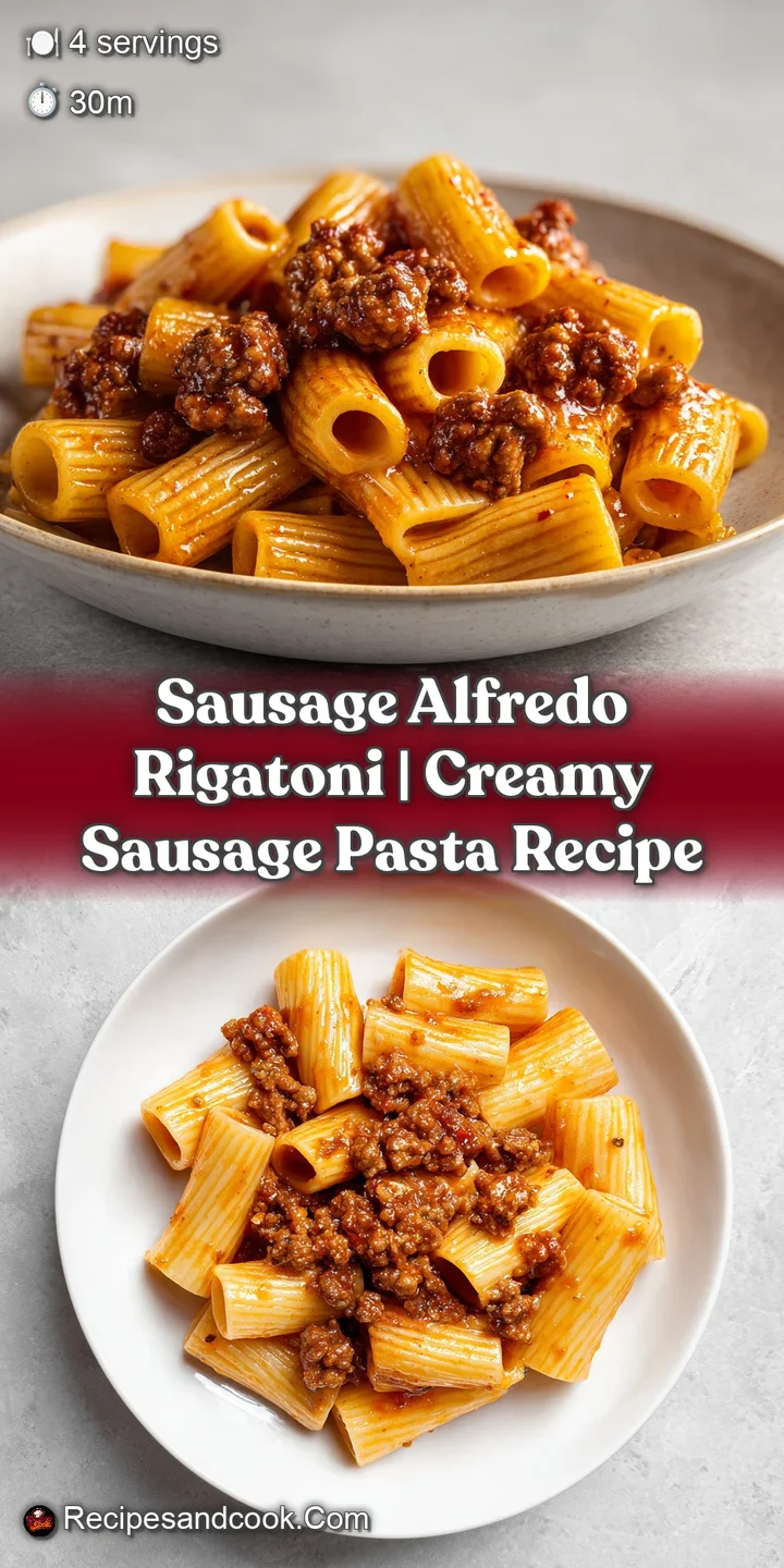 Macro shot of creamy, ivory-colored pasta tubes intertwined with browned sausage crumbles and fresh parsley.