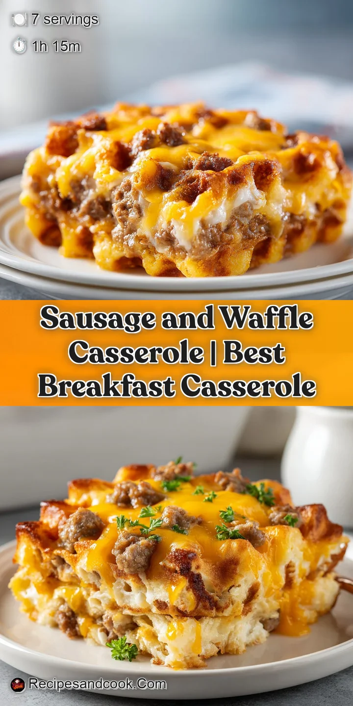 Macro shot of bubbling golden-brown casserole with crispy toasted edges and juicy, browned savory sausage bits.