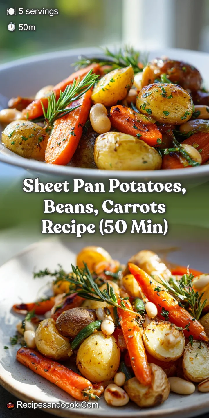 Close-up of caramelized potatoes with crisp edges, and plump, juicy green beans. A hint of olive oil glistens on the warm ...