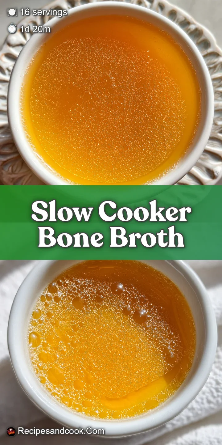 Close-up of clear bone broth, showcasing its rich golden hue and smooth, almost jelly-like texture. Hints of visible colla...