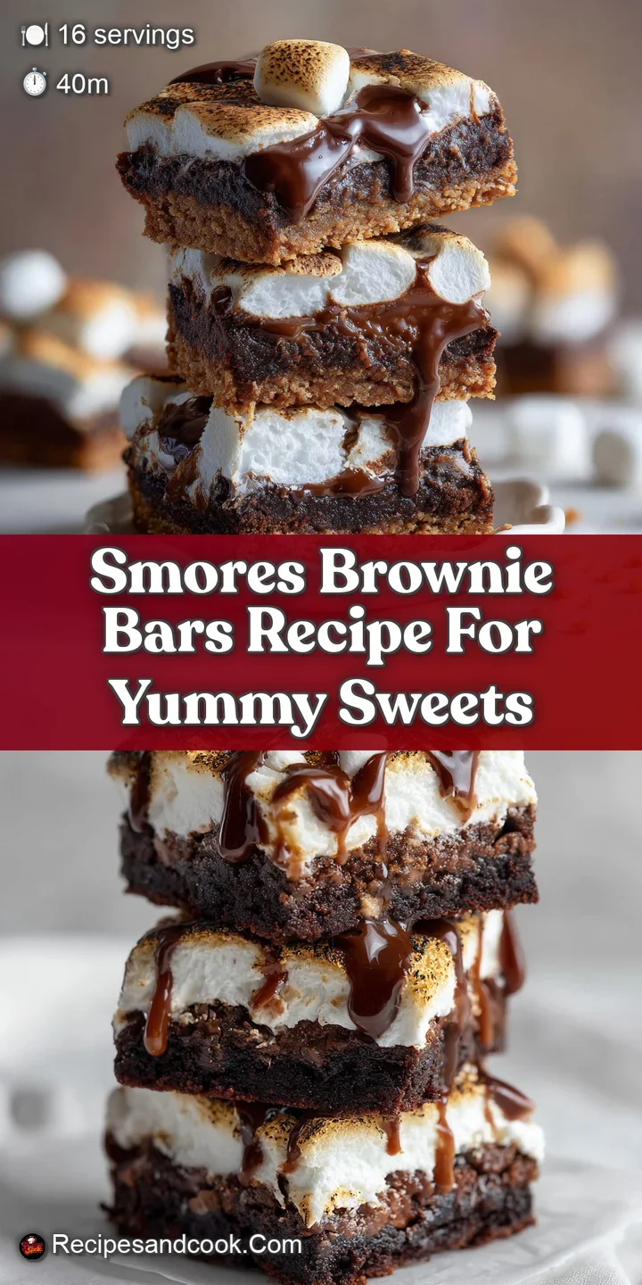 Close-up of a s'mores brownie bar reveals gooey marshmallow peaks, rich chocolate, and graham cracker crumbles. Irresistib...