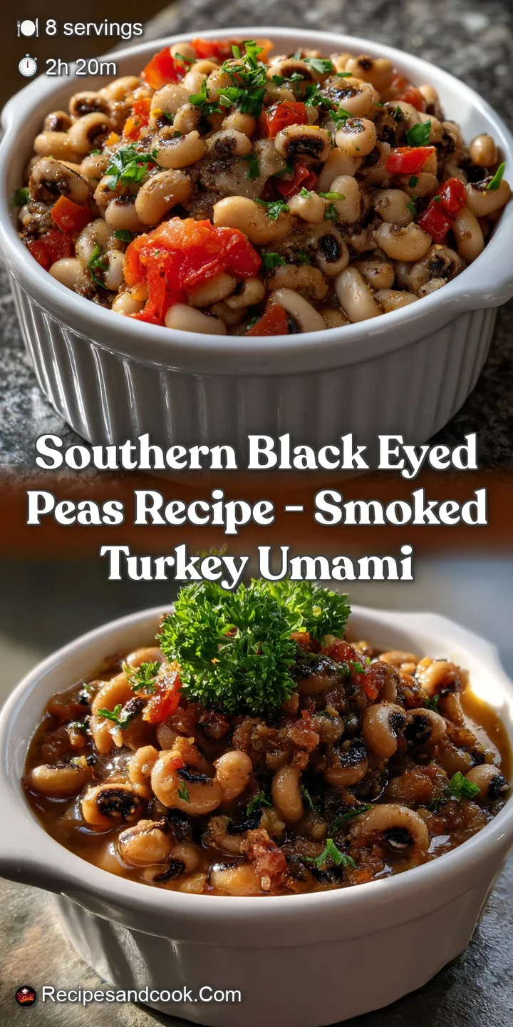 Close-up of simmering black-eyed peas. Dark, glossy broth coats the legumes, accented by bright green herbs, creating a fl...