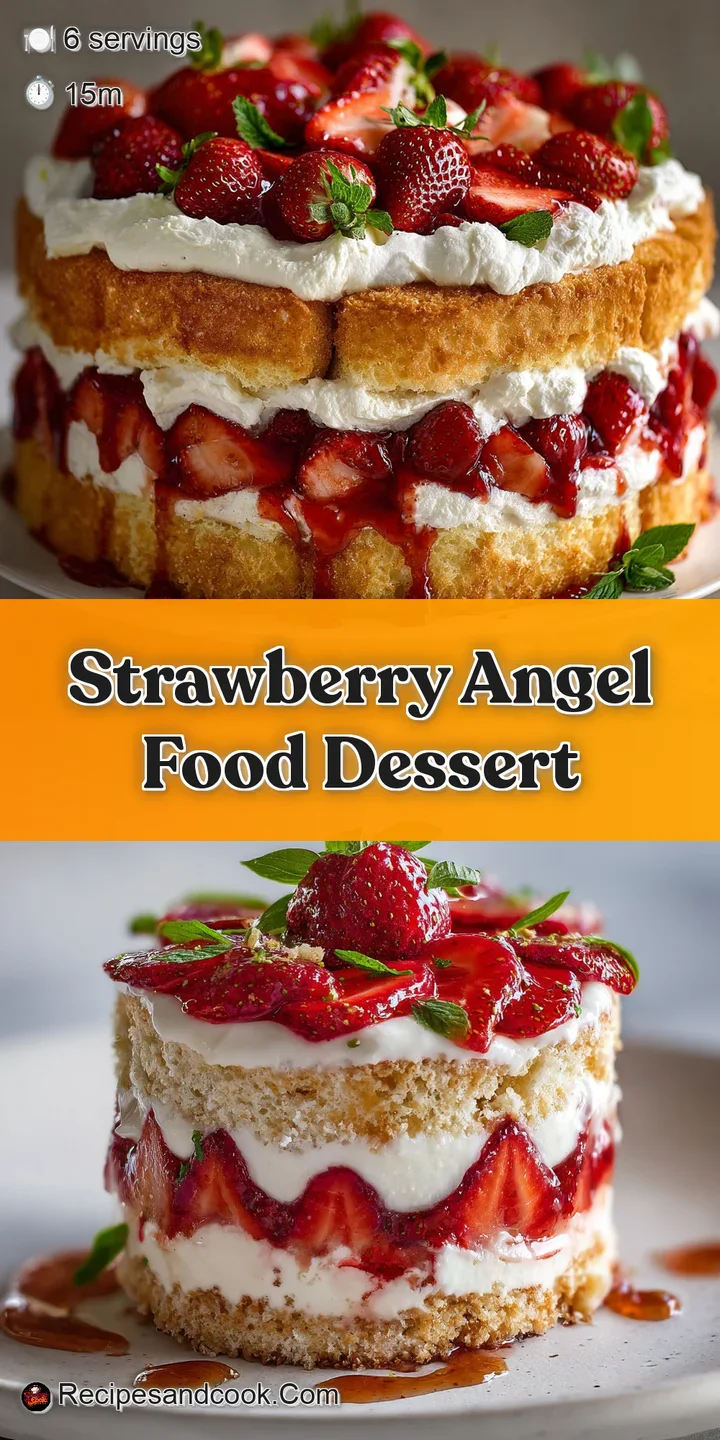 Close-up view of juicy strawberries nestled in soft angel food cake and whipped cream, highlighting the dessert's tempting...