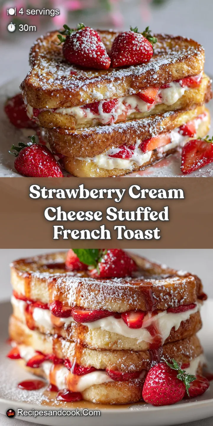 Close-up of juicy strawberries nestled in a creamy, warm French toast pocket, glistening with syrup. Pure breakfast bliss.