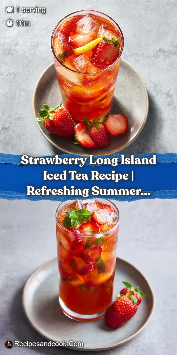 Close-up of bright red strawberry tea swirling with ice, garnished with a fresh mint sprig.