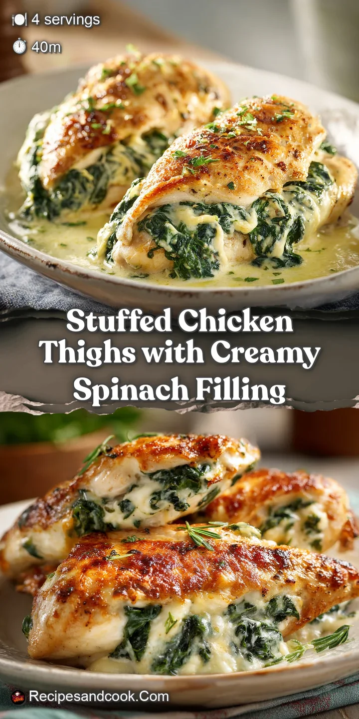 Close-up of a glistening, stuffed chicken thigh with savory herbs, showcasing the moist texture and golden-brown crust of ...