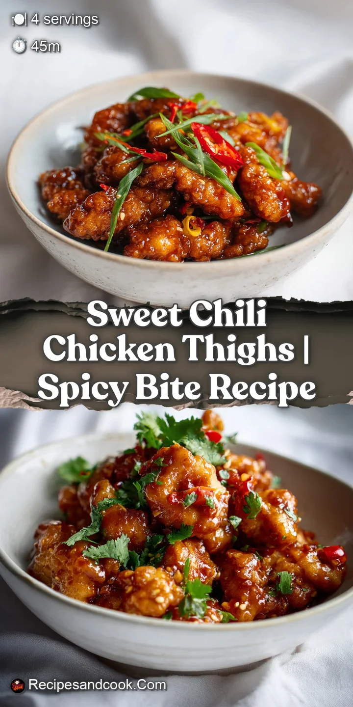 Mouthwatering, glossy chicken thighs showcasing a rich, sticky sweet chili glaze and tender, flaky texture.