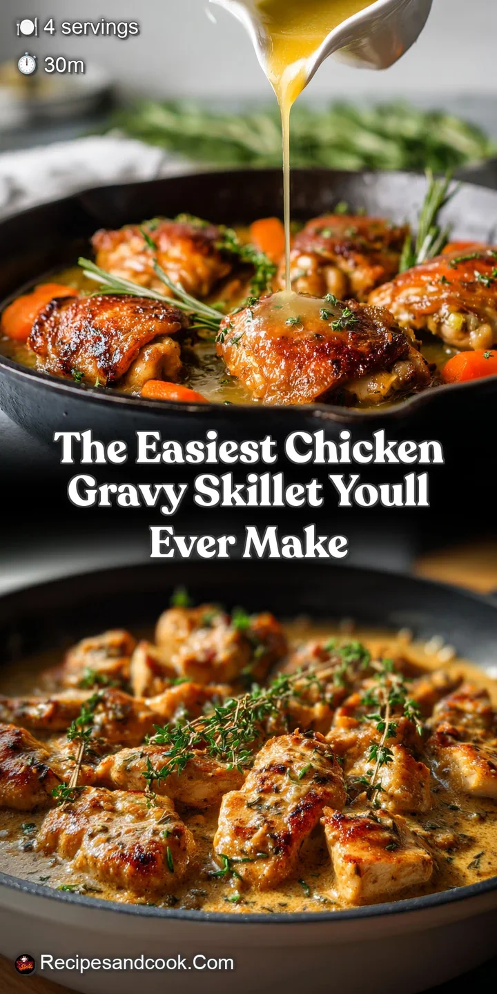 Close-up of glistening chicken and thick gravy, speckled with herbs. Steam rises, hinting at savory, garlicky warmth.