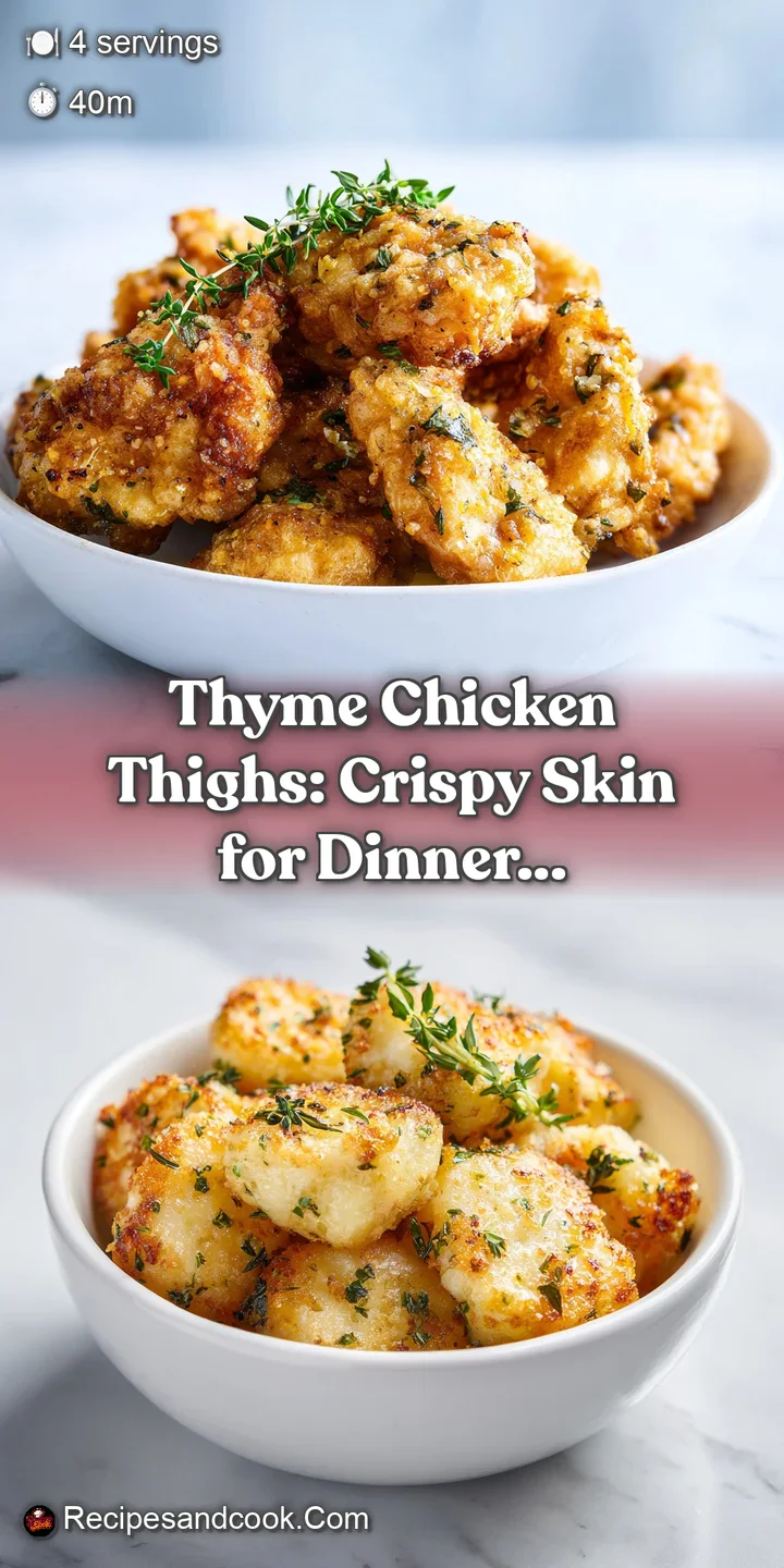 Close-up of juicy thyme chicken, glistening skin, and caramelized edges. The thyme sprigs offer a fresh, aromatic hint of ...