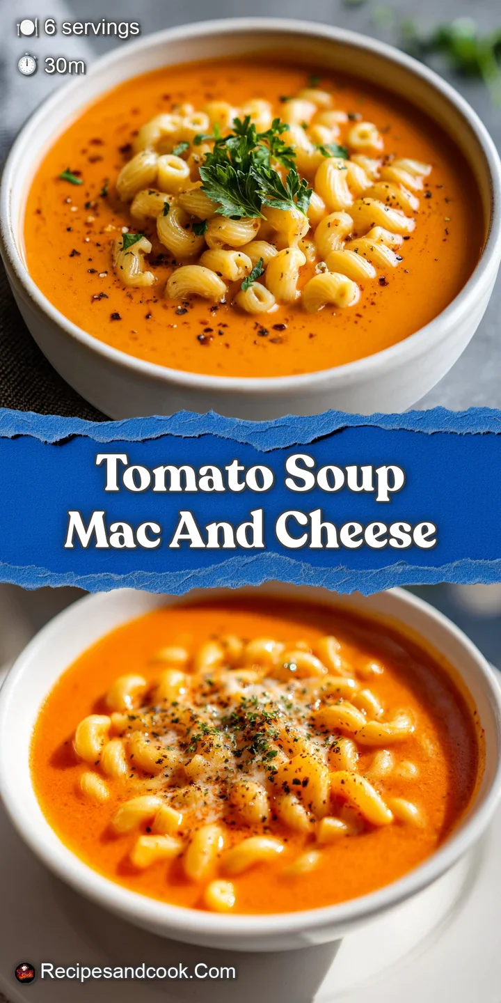 Close-up reveals the rich, cheesy texture of tomato soup mac and cheese. Hints of steam rise from the warm, comforting dish.