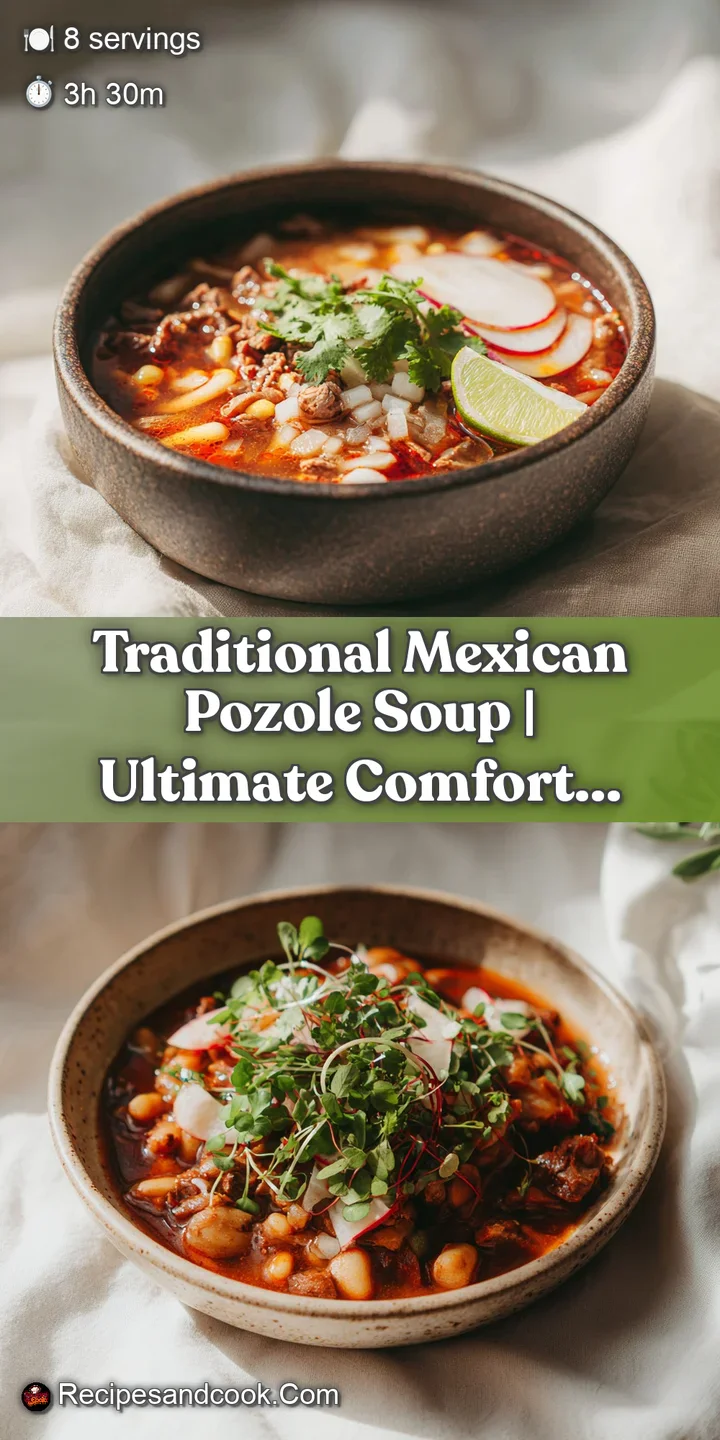Close-up reveals the rich, red broth and tender texture of the hominy and meat in a steaming bowl of appetizing Mexican po...