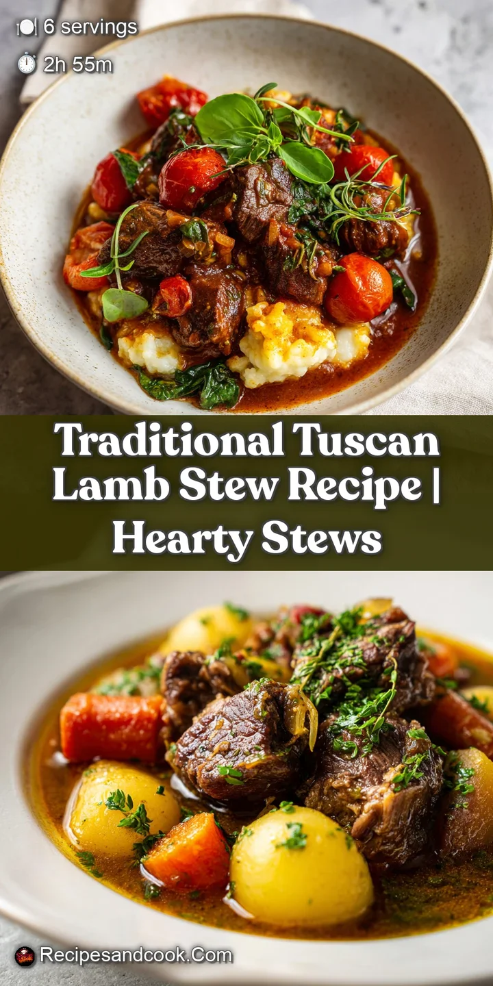 Close-up of glossy, braised lamb and potato chunks in a rich red stew. Herbs and glistening droplets of fat add appetizing...