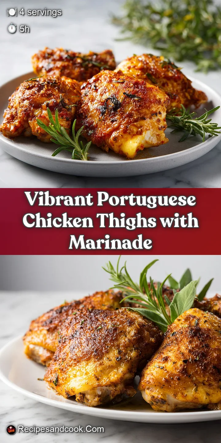 Close-up shows juicy chicken thighs, dotted with herbs, glazed with rich tomato sauce, alongside colorful sauteed vegetables.