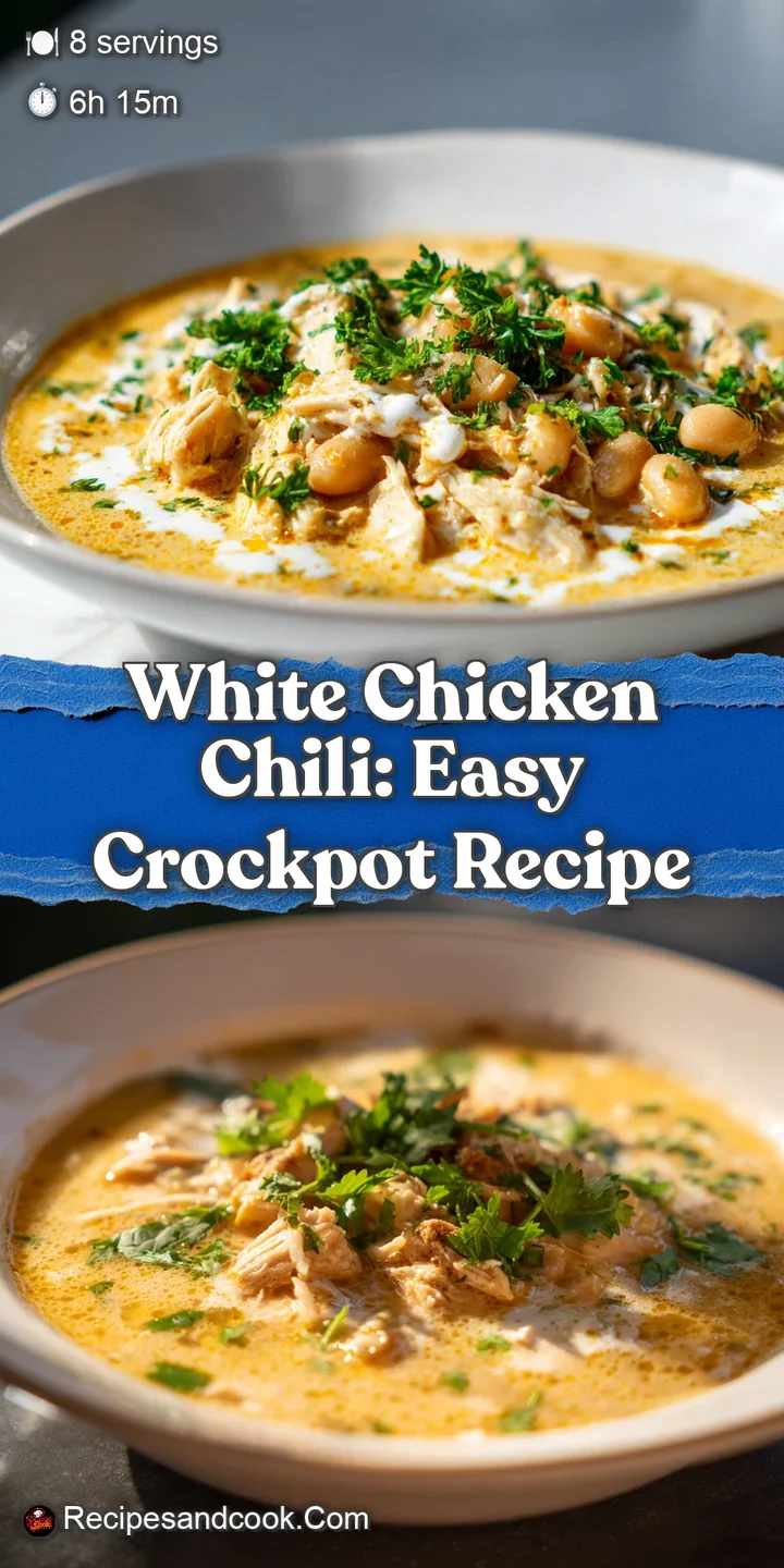 Close-up of glistening, tender chicken pieces nestled in a creamy, textured white chili, dotted with fresh herbs.