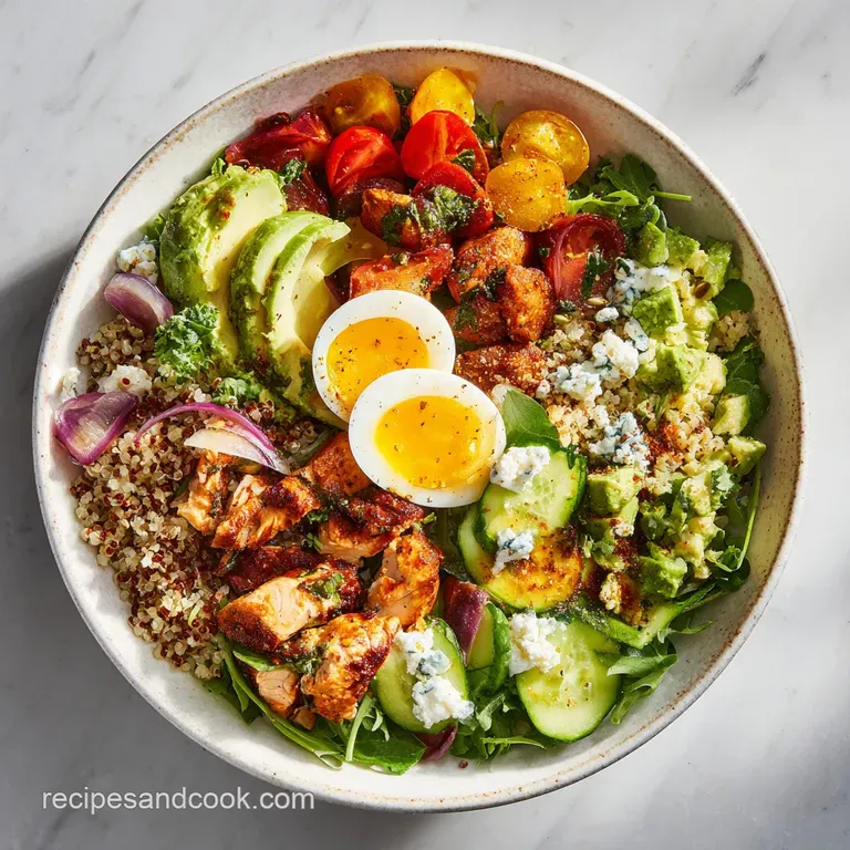 A vibrant Mediterranean bowl with glistening olive oil and fluffy quinoa, artfully plated, invites a taste.