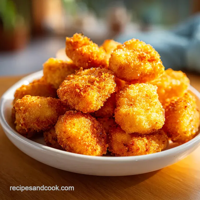 Crispy chicken nuggets artfully arranged on a white plate with a side of dipping sauce.
