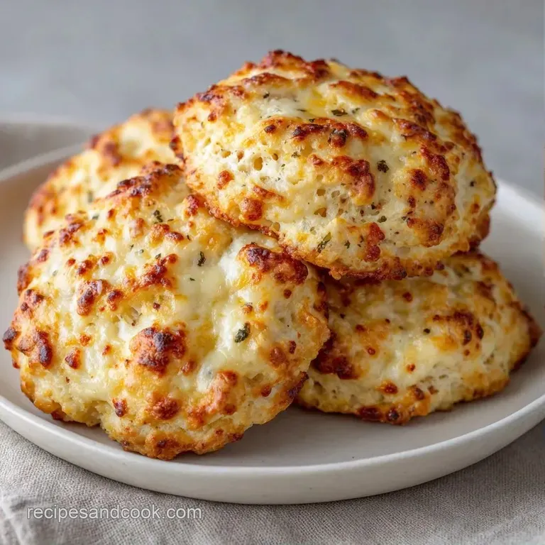 Three golden-brown savory biscuits stacked on a white ceramic plate beside a pat of melting yellow butter.