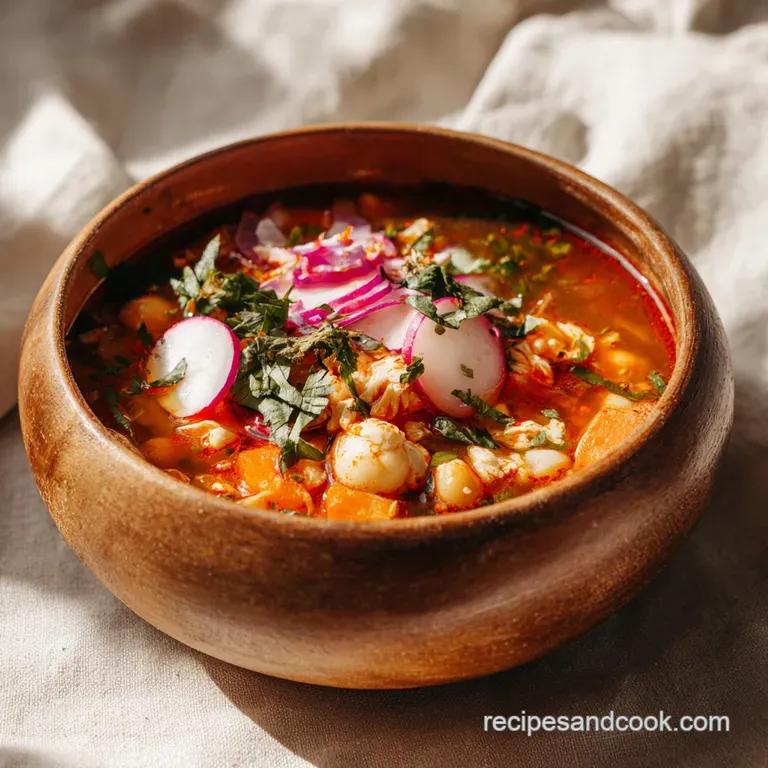 Steaming bowl of rich, red pozole topped with vibrant lime wedges, crisp radish slices, and fresh cilantro sprigs, invitin...