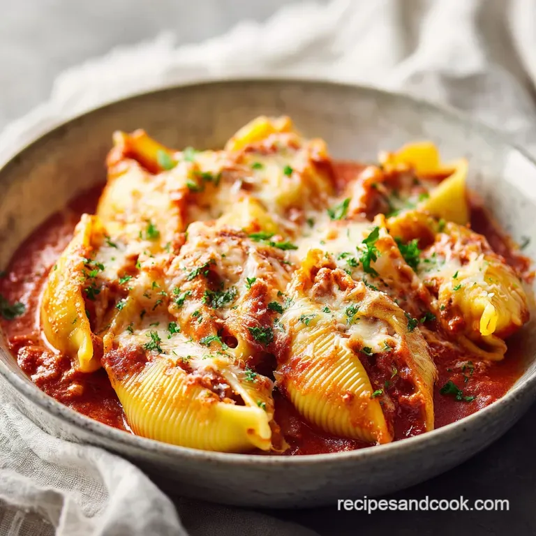 Three cheese-topped pasta shells nestled in red sauce on a white plate, garnished with bright green parsley leaves