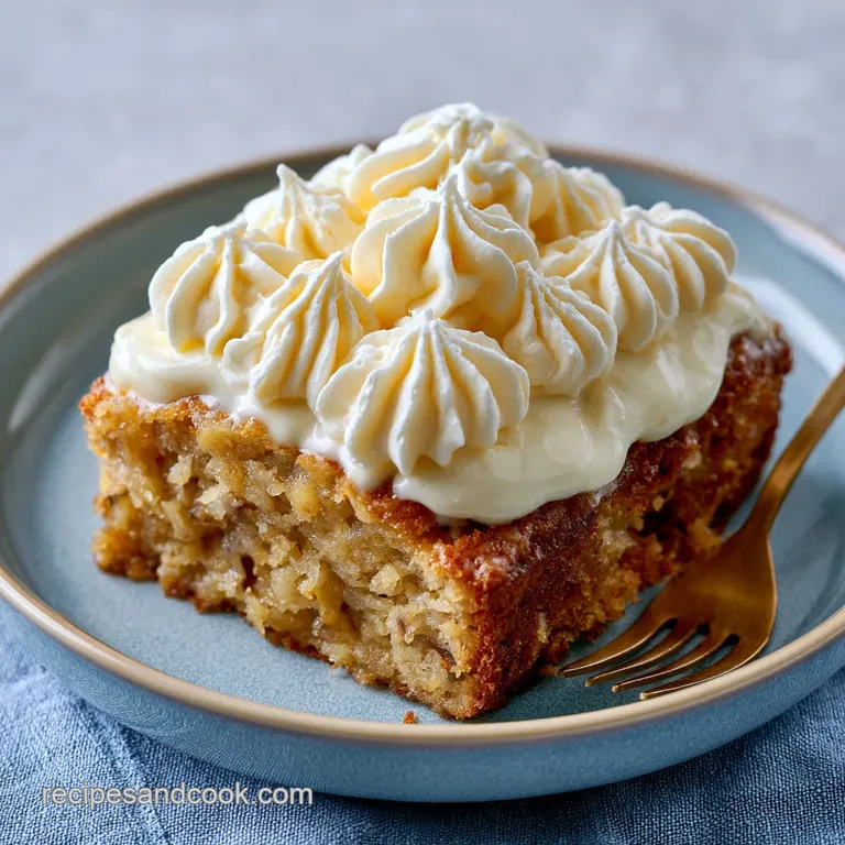 A slice of creamy cake topped with piped white cream, caramelized banana rounds, and a dusting of cinnamon.