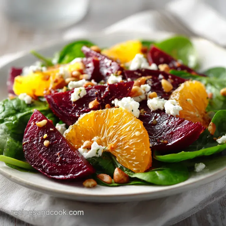 A vibrant salad of ruby red beets and glossy orange segments elegantly plated with white goat cheese and mint leaves.