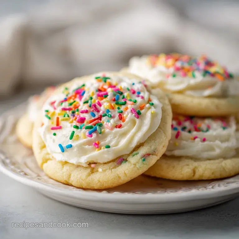 Delicately piped white frosting adorns a stack of perfectly baked sugar cookies, accented with tiny colorful sprinkles.