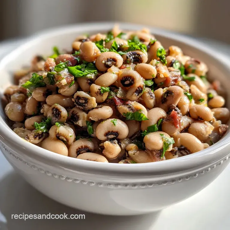 Elegant white bowl filled with glossy black-eyed peas, a sprig of rosemary for garnish. Warm steam rises, hinting at a com...