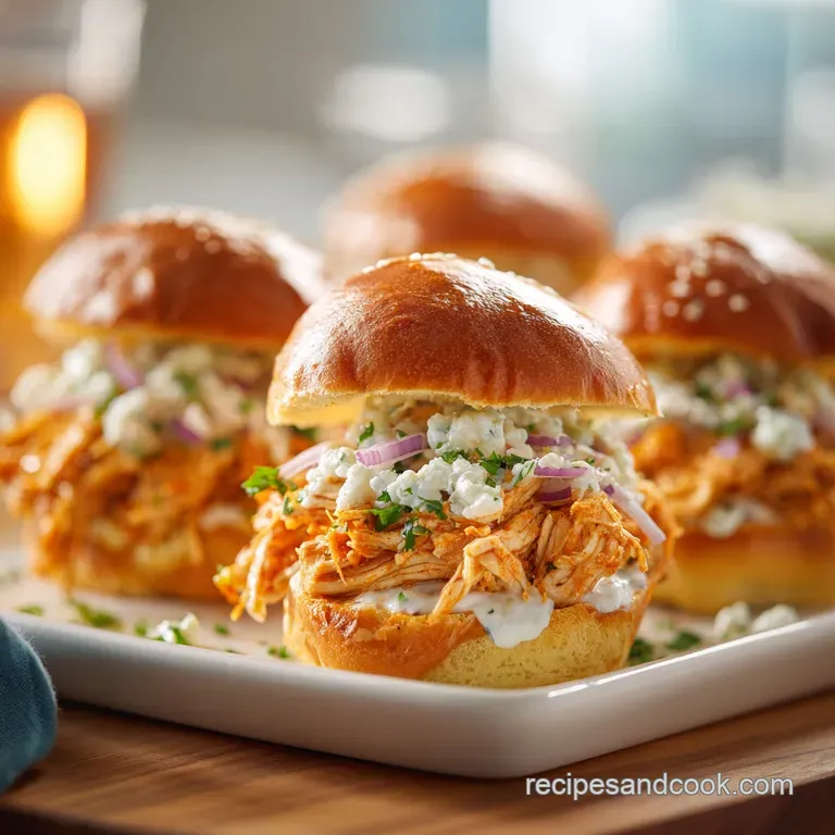 Three vibrant buffalo chicken sliders artfully arranged on a rustic wooden board, drizzled with creamy blue cheese dressing.