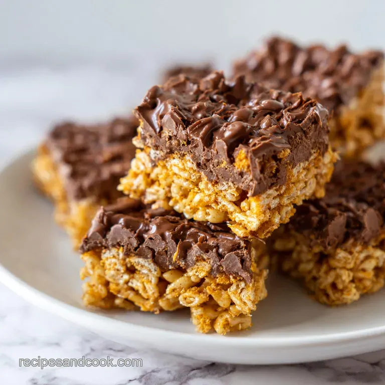 Neatly sliced golden treats stacked on a marble slab, finished with a glossy chocolate drizzle and nut crumbles.