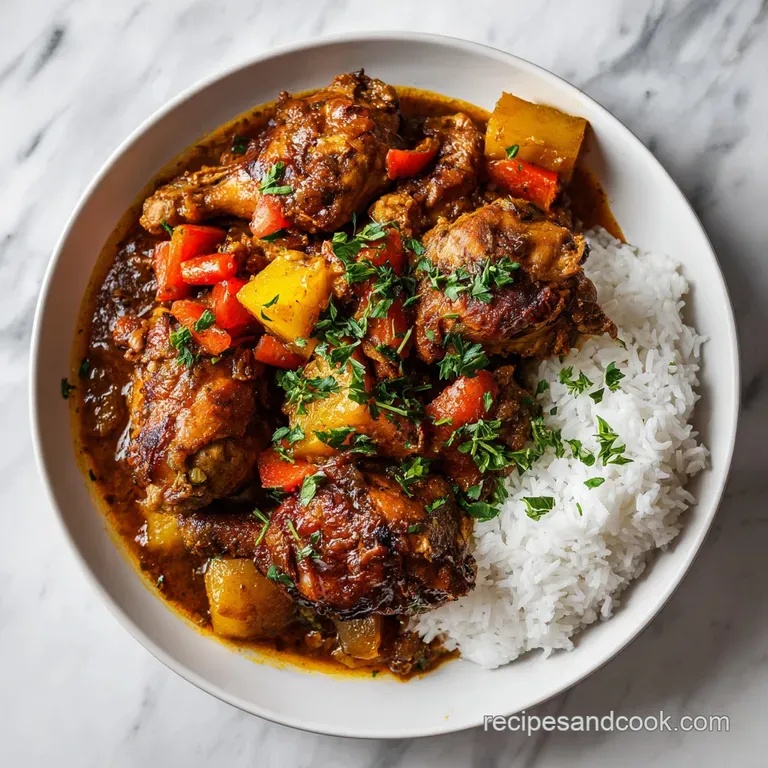 Glossy, saucy chicken stew artfully plated. Sprigs of thyme garnish tender chicken and colorful bell peppers, inviting war...