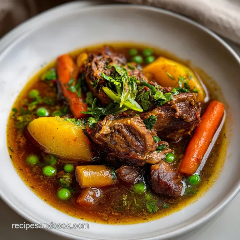 A deep bowl filled with glistening Caribbean lamb stew, garnished with fresh herbs. Steam rises, hinting at the stew's war...