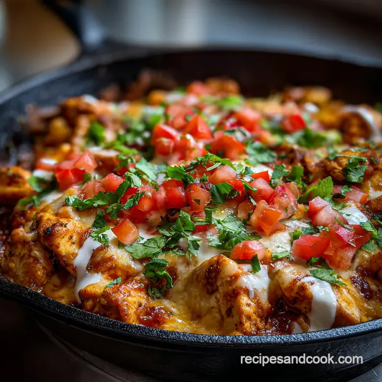 Creamy, cheesy chicken and vibrant taco toppings served in a cast iron skillet, garnished with fresh cilantro and lime wed...