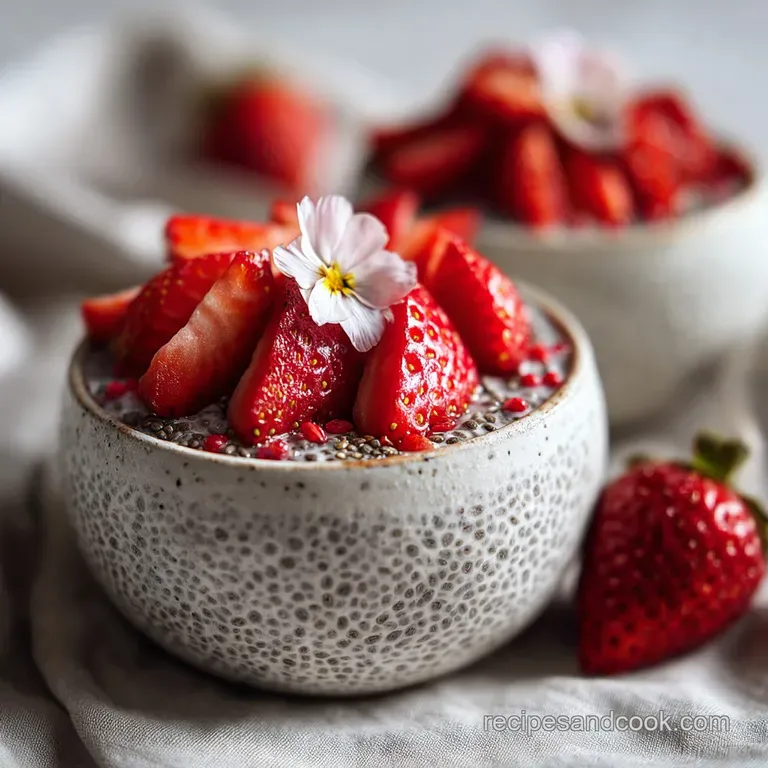 Elegant layered chia pudding parfait in a glass. Swirls of white chia pudding, bright fruit, and dark granola create visua...