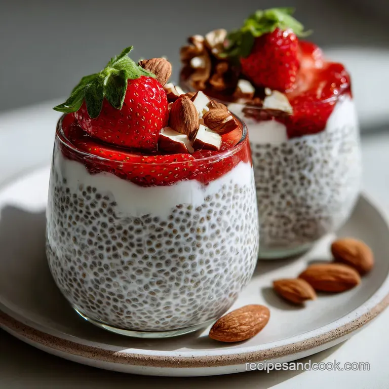 Overhead shot of creamy chia seed pudding with vibrant berries and crunchy granola topping in a clear glass jar. Earthy an...