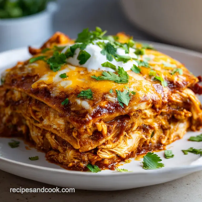 A generous scoop of enchilada casserole with vibrant red sauce, garnished with sour cream and green onions.