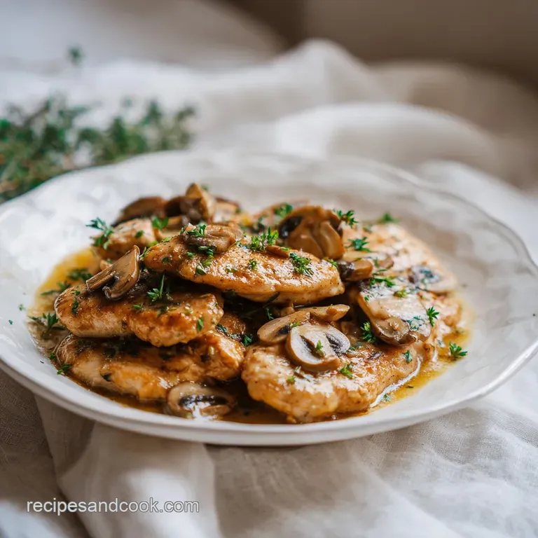 Chicken Marsala plated: Tender chicken bathed in a silky sauce, earthy mushrooms, vibrant parsley, atop creamy mashed pota...