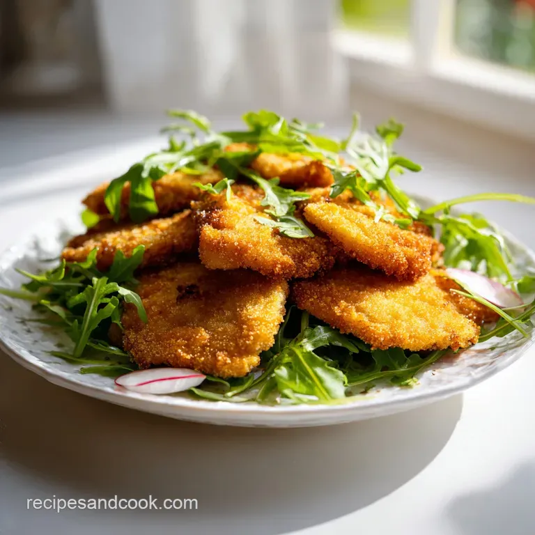 Crispy chicken Milanese plated elegantly with vibrant greens, a squeeze of lemon, and a drizzle of olive oil for a fresh, ...