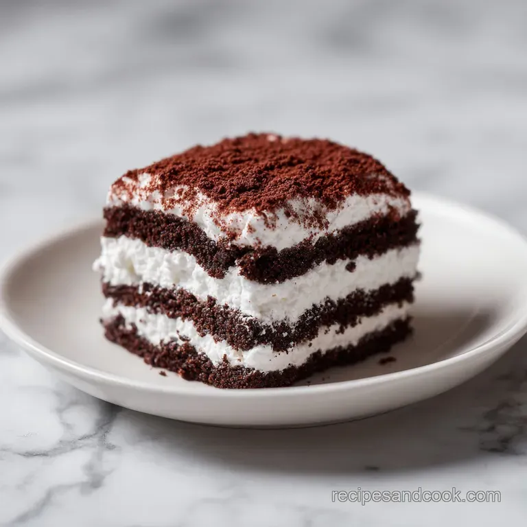 Square slice of a layered cream dessert on a ceramic plate, garnished with a sprig of mint and red sugar crystals.