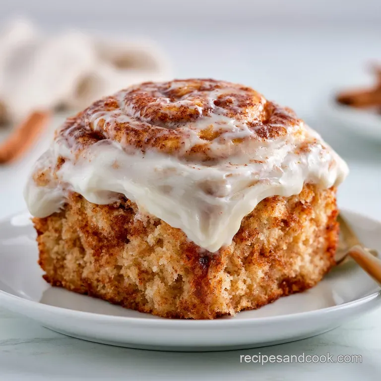 A slice of cinnamon swirl cake on a porcelain plate with glossy glaze dripping down the sides and a dusting of spice.