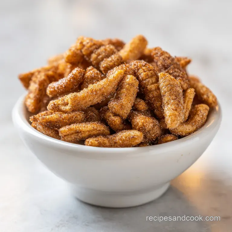 Cinnamon sugar Chex mix piled high in a rustic bowl, light glistening off the sugary coating, inviting and delicious snack.